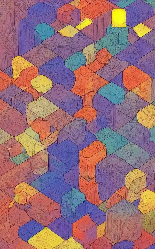 Image similar to cubes and tesseracts. retro art by jean giraud. pastel colors.