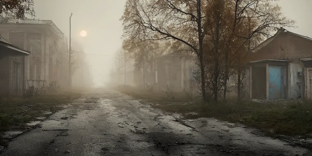Prompt: abandoned houses, dilapidated Chernobyl city street, fog, rain, volumetric lighting, beautiful, golden hour, sharp focus, ultra detailed, cgsociety