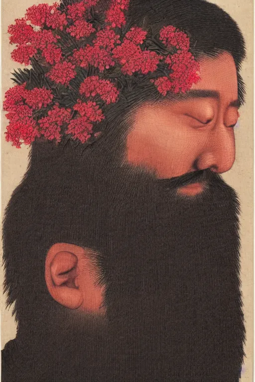 Prompt: a Japanese man's face in profile, long beard, made of crimson flowers and stone fruit, in the style of the Dutch masters and Gregory crewdson, dark and moody