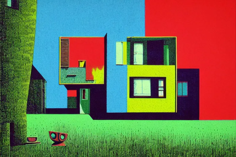 Image similar to surreal glimpse into other universe, house by le corbusier, summer morning, very coherent and colorful high contrast, art by!!!! gediminas pranckevicius!!!!, geof darrow, floralpunk screen printing woodblock, dark shadows, hard lighting, stipple brush technique,