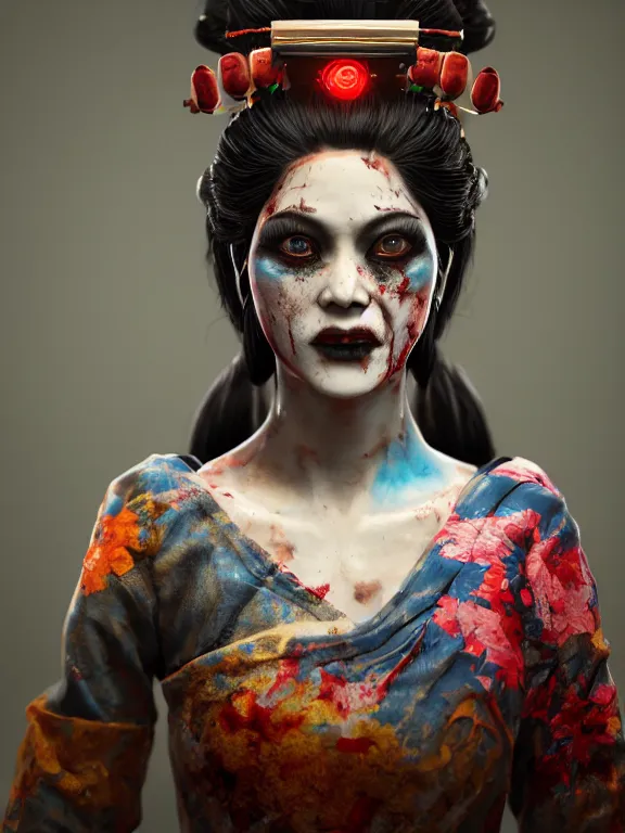 Prompt: portrait art of zombie geisha 8k ultra realistic , lens flare, atmosphere, glow, detailed,intricate, full of colour, cinematic lighting, trending on artstation, 4k, hyperrealistic, focused, extreme details,unreal engine 5, cinematic, masterpiece