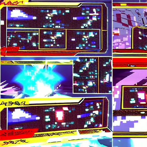 Image similar to ps 1 style videogame shmup arcade anime spaceship shooter 3 d epic bossfight, with hud elements