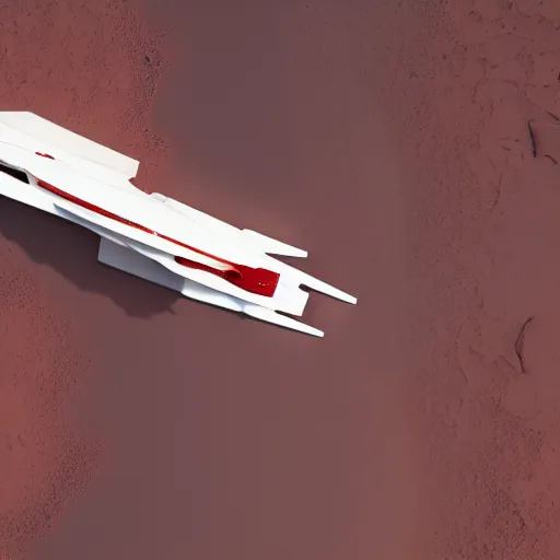 Image similar to two sleek white long spacecraft with red details, flying in parallell, over the surface of mars, , highly detailed, view from above, sunset, photorealistic, cinematic, sci-fi, octane render