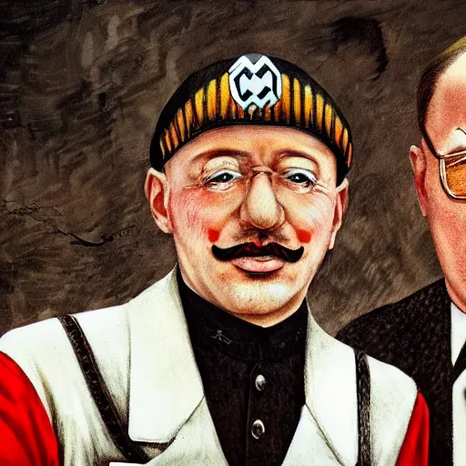 Image similar to UHD photorealistic detailed image of young Nazi Klaus Schwab and Hitler, both wearing extremely intricate clown costumes and detailed, intricate makeup by Ayami Kojima, Amano, Karol Bak, tonalism