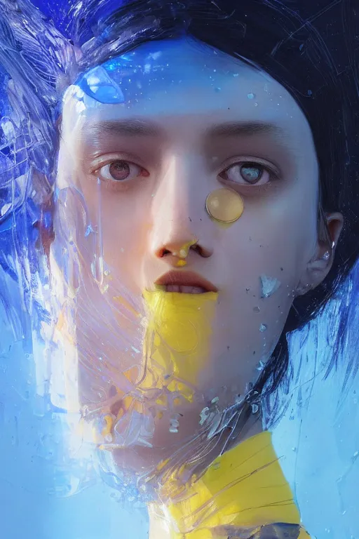 Image similar to 3 d, sci - fi, sun rays, sleepy fashion model face, blue faces, cinematic, vogue cover style, poster art, light yellow and deep blue mood, realistic painting, intricate oil painting, high detail, figurative art, multiple exposure, poster art, 3 d, by tooth wu and wlop and beeple and greg rutkowski