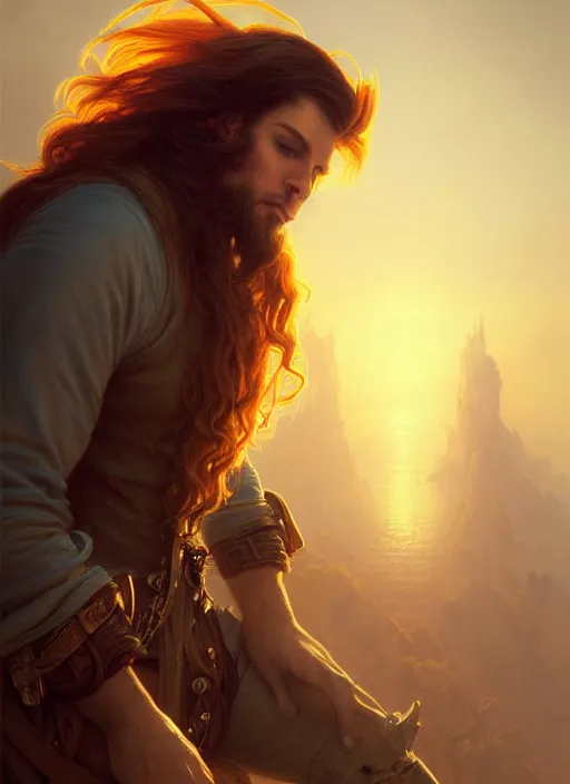 Image similar to portrait painting of a handsome rugged long hair crimson hair male pirate, soft hair steampunk zeppelin in the sky sunset golden hour art by raphael lacoste and stephan martiniere greg rutkowski gaston bussiere fantasy soft hair trending on artstation deviantart book cover art concept art key art dramatic volumetric lighting, 4 k, award winning