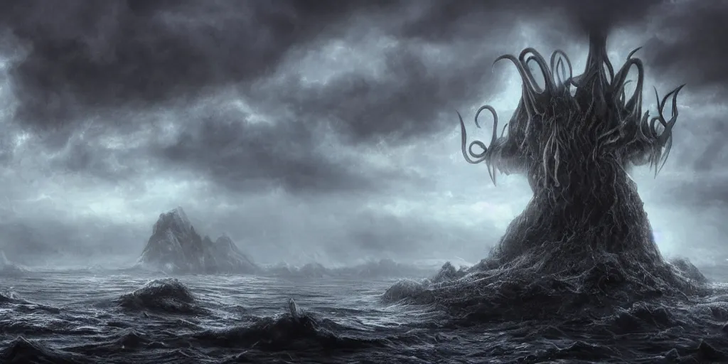 Image similar to photorealistic strange concept art of cthulhu emergin from the sea, by katrina van grouw and bruce mahalski. an epic landscape, with ominous storm clouds, a gentle rising mist. occult photorealism, uhd, amazing depth, glowing, golden ratio, 3 d octane cycle unreal engine 5, volumetric lighting, cinematic lighting, cgstation artstation concept art