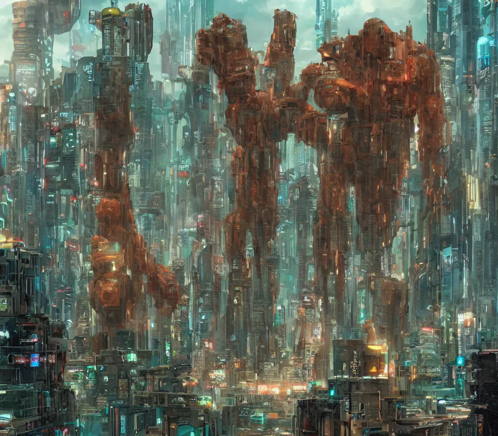 Prompt: the giant flesh golem destroying cyberpunk city underwater