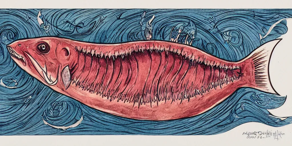 Image similar to illustration of an angler fish, deep sea, large mouth filled with pointed teeth, stylized linework, ornamentation, artistic, muted color wash