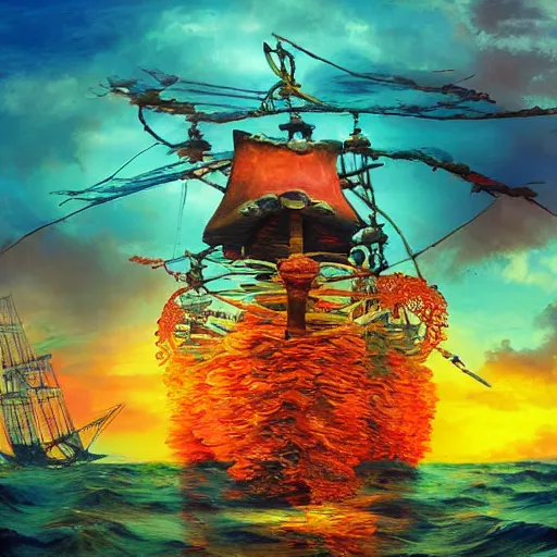 Prompt: pirate ship made of sea coral, beautiful composition, wide angle, colorful, cinematic, volumetric lighting, intricate details painting