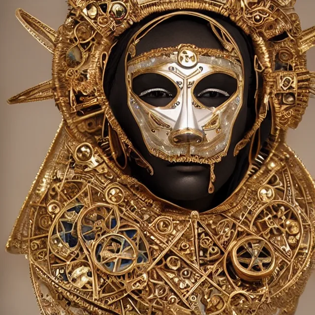 Image similar to a beautiful cyborg made of catholic symbols ceremonial maske