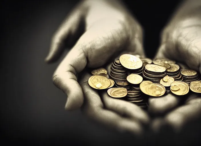 Image similar to old retro burnt out sepia photograph with scratches of an old and wrinkled hand holding a few golden coins with royal engravings. magical forest in the background with bokeh. Antique. High quality 8k. Intricate. Sony a7r iv 35mm. Award winning. Zdzislaw beksinski style