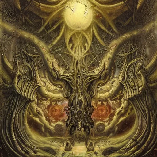 Image similar to muscular eldritch radiating town fractal shimmering phantasm, by h. r. giger and esao andrews and maria sibylla merian eugene delacroix, gustave dore, thomas moran, pop art, chiaroscuro, biopunk, art nouveau