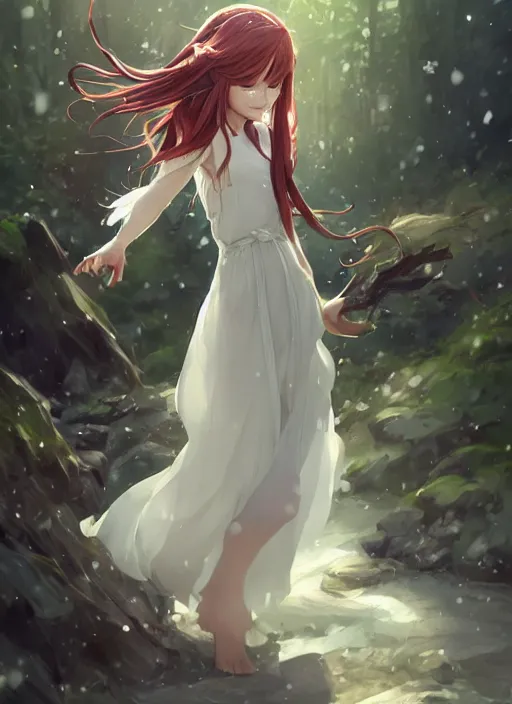 Image similar to an elven girl standing in a snowy forest, flowing white dress, auburn hair. By Makoto Shinkai, Stanley Artgerm Lau, WLOP, Rossdraws, James Jean, Andrei Riabovitchev, Marc Simonetti, krenz cushart, Sakimichan, trending on ArtStation, digital art.