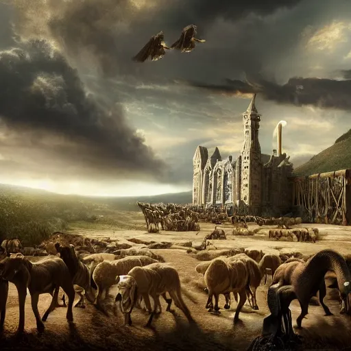 Image similar to an extremely detailed matte painting of the animals leaving noah's ark, 4 k, noah from the bible as a wizard, antediluvian, in the style of epic fantasy