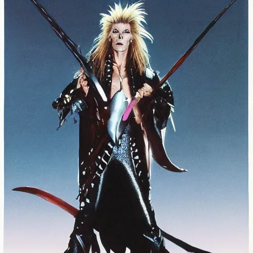 Image similar to David Bowie as the Goblin King from the movie Labyrinth (1986) but he's dressed like a Ninja with a Ninja mask and very big 80's glamrock hair, intricate, highly detailed, fullbody, artstation, concept art, smooth, sharp focus, illustration, art by greg rutkowski and orientalism and bouguereau and Zdzislaw Beksinski, good clear quality, lighting, biology, symmetrical artwork, perfect face, 135 mm, cinematic, hyper realism, high detail, octane render, 8k, chrome accents