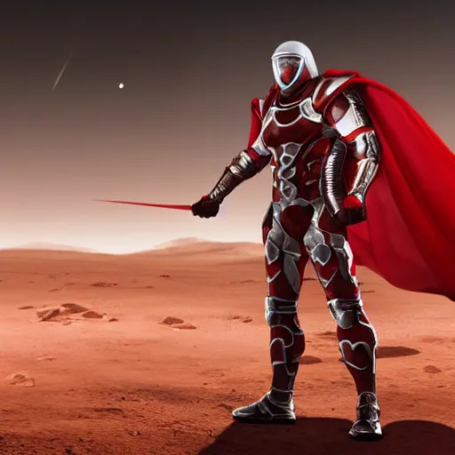 Image similar to tall muscular infantry man in glossy sleek white armor with a few red details and a long red cape, heroic posture, on the surface of mars, night time, dramatic lighting, cinematic, sci-fi, hyperrealistic, movie still