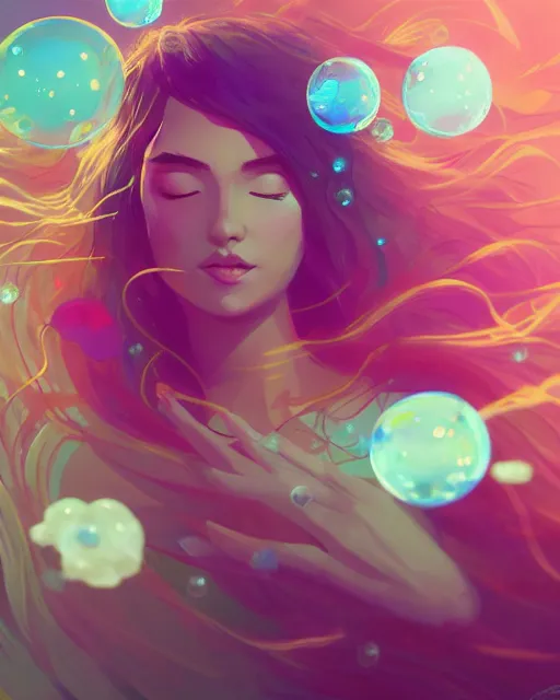 Prompt: Portrait of a woman wrapped in flower petals, halo of light, underwater bubbles, flowing hair, by ross tran and anton fadeev, artstation