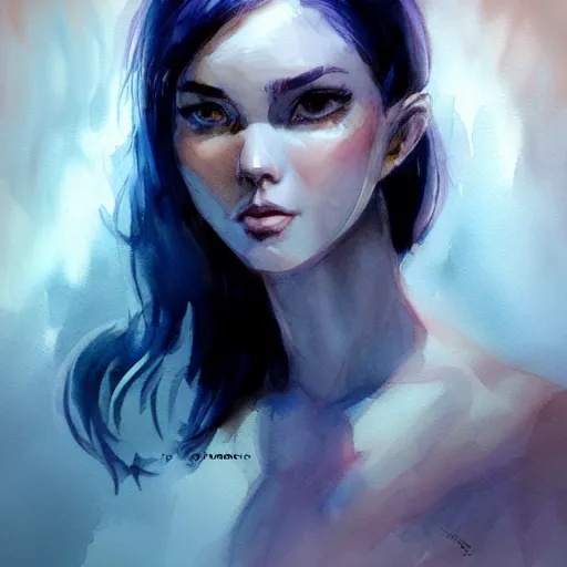 Image similar to character portrait in the style of thomas river and artgerm, lean face, cinematic lighting, watercolor, low detail