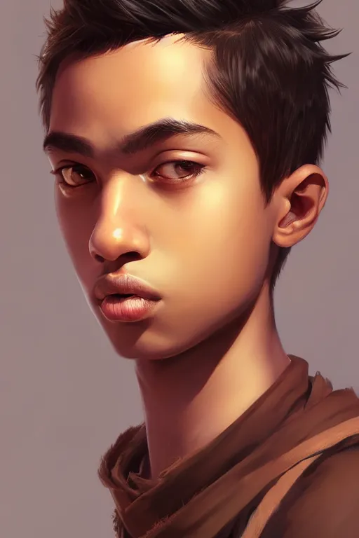 Image similar to young teenager boy with straight short brown hair, dark skin, big lips. highly detailed, d & d, fantasy, highly detailed, digital painting, trending on artstation, concept art, sharp focus, illustration, art by artgerm and greg rutkowski and fuji choko and viktoria gavrilenko and hoang lap