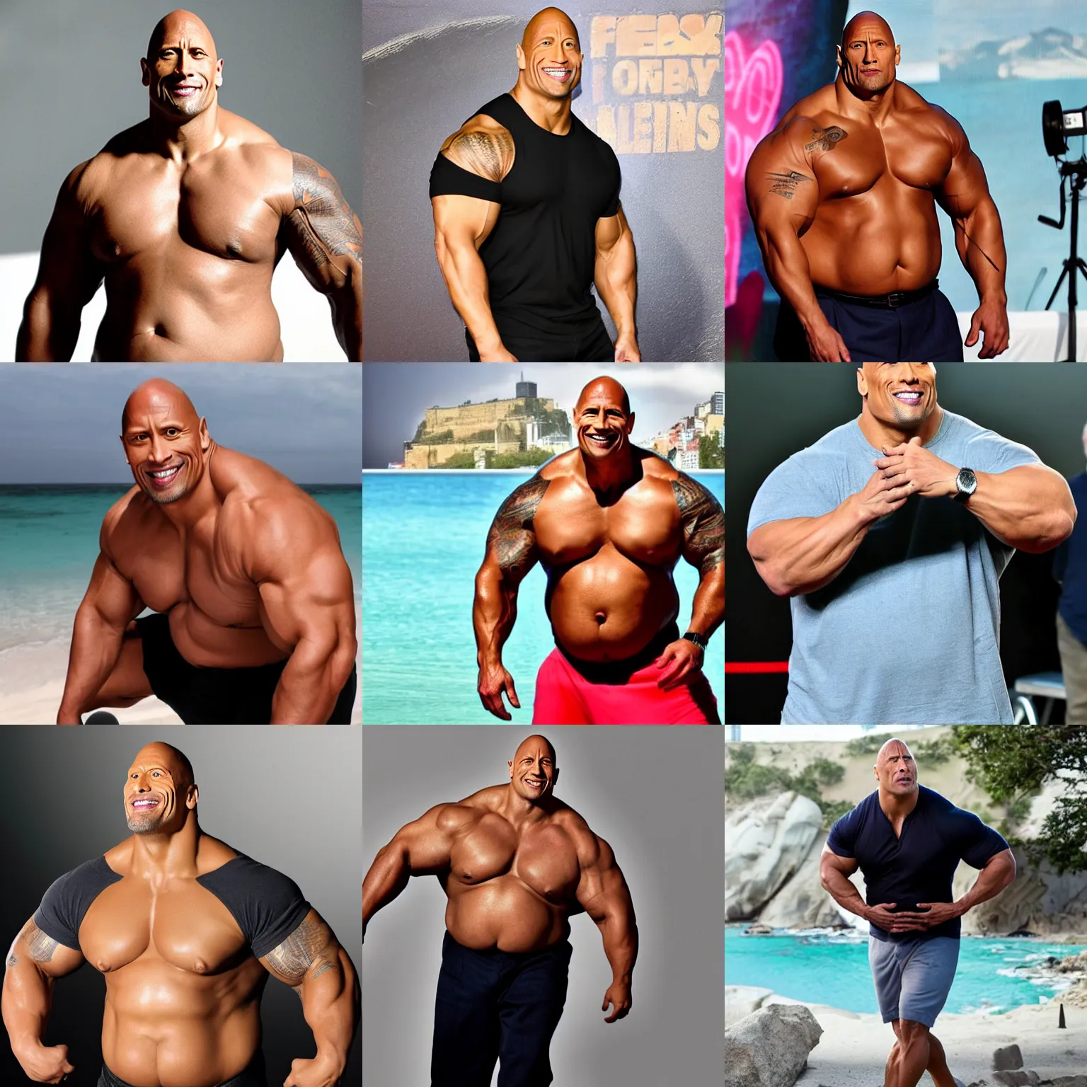 Prompt: obese dwayne johnson no muscles holds exposed big belly for camera, looks at the camera