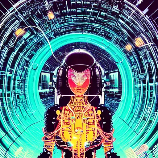 Image similar to a portrait of a beautiful cybernetic woman meditating, wires, cyberpunk concept art by josan gonzales and philippe druillet and dan mumford and enki bilal and jean claude meziere