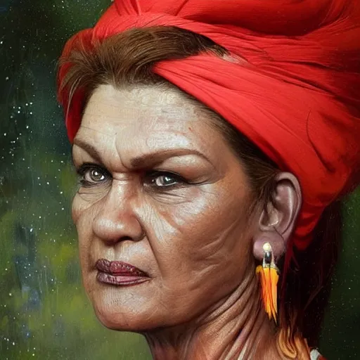 Prompt: pauline hanson disrespecting an aboriginal child, highly detailed painting extremely beautiful and aesthetic and detailed, with familiar sprites, chiaroscuro, intricate, masterpiece, fantasy illustrations by ilya kuvshinov and jeremy lipking and quentin mabille