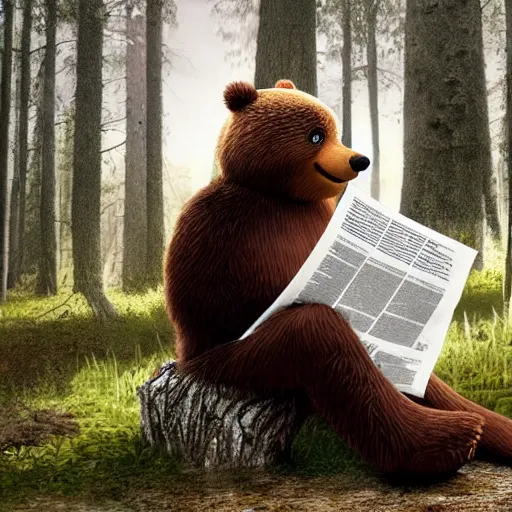 Prompt: UHD canndid photo of Yogi Bear squatting on a toilet in the woods, reading a newspaper, by Annie leibowitz, photorealisitc ,detailed