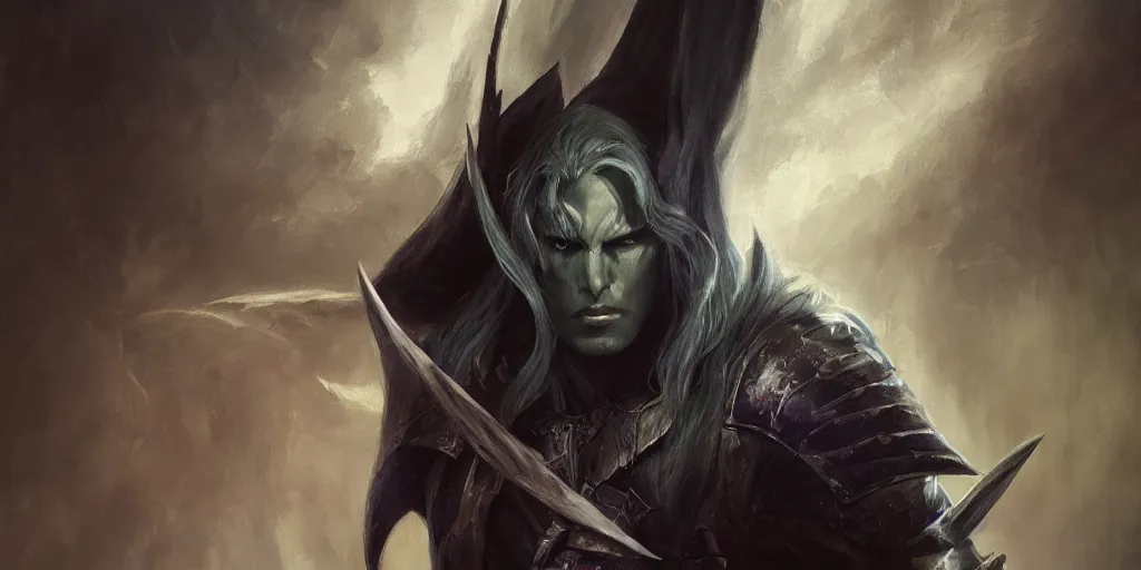 Image similar to realistic drizzt du orden the dark elf by r. a. salvatore portrait, trending on artstation, low angle oil painting and composition laws, cinematic lighting, hyperdetailed, artstation, cgsociety, 8 k