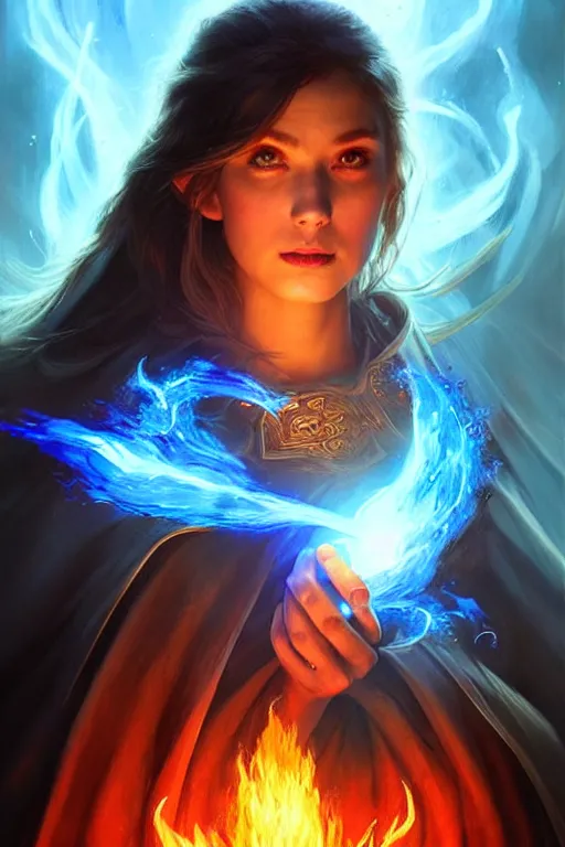 Image similar to Front portrait of mage hold a blue fire on right hand and red fire on the left hand, full body, fine art, awesome fantasy book cover on Pinterest, award winning, dark fantasy landscape, fantasy magic, intricate, elegant, sharp focus, cinematic lighting, highly detailed, digital painting, concept art, art by WLOP and Artgerm and Greg Rutkowski, masterpiece, trending on artstation, 8K