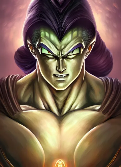 Prompt: Portrait of Cell (from dragon ball), D&D, muscular, fantasy, intricate, elegant, highly detailed, digital painting, artstation, concept art, smooth, sharp focus, illustration, art by artgerm and greg rutkowski and alphonse mucha