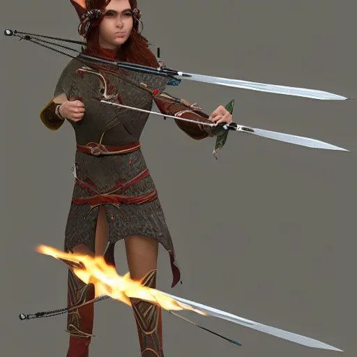 Image similar to elven archer, 3D, realistic, unreal engine, burning bow