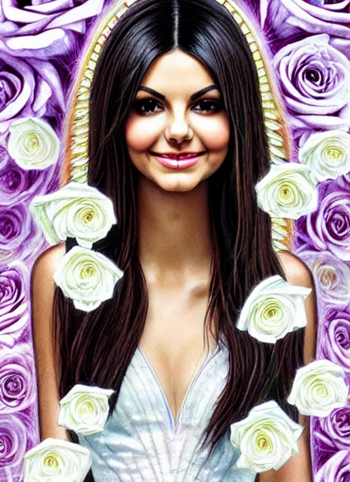 Prompt: a sewn thin thread image of Victoria Justice as the goddess of white roses on velvet. ultra detailed painting at 16K resolution and amazingly epic visuals. epically beautiful image. amazing effect, image looks gorgeously crisp as far as it's visual fidelity goes, absolutely outstanding. vivid clarity. ultra. iridescent. mind-breaking. mega-beautiful pencil shadowing. beautiful face. Ultra High Definition. godly shading. amazingly crisp sharpness. photorealistic film cel processed twice..