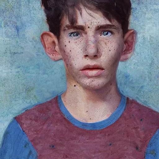 Image similar to face portrait of a thin teen boy with short red hair, a lot of freckles, blue eyes, a long nose, freckles, highly detailed, digital art