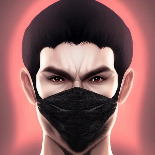 Image similar to man wearing black fabric mask, highly detailed face, character art portrait, deviantart artstation, by artgerm