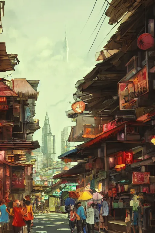 Prompt: backlane alley hawker street with kuala lumpur twin towers in the background, evening, highly detailed matte painting, studio ghibli, artstation