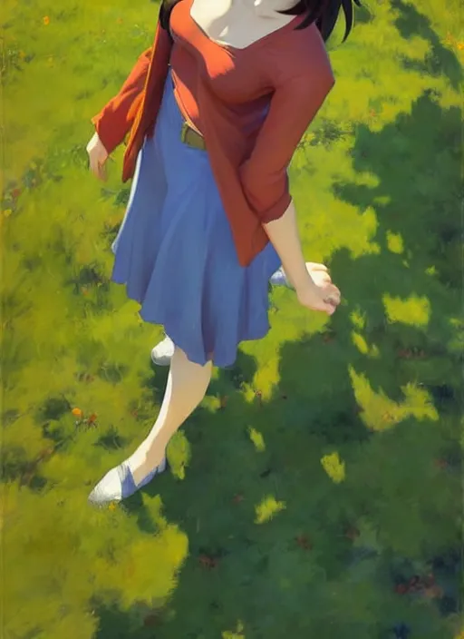 Image similar to Greg Manchess painting of Velma Dinkley, anime style, countryside, calm, fantasy character portrait, dark outlines, dynamic pose, above view, sunny day, artwork by Makoto Shinkai, very coherent asymmetrical artwork, sharp edges, perfect face, simple form, 100mm