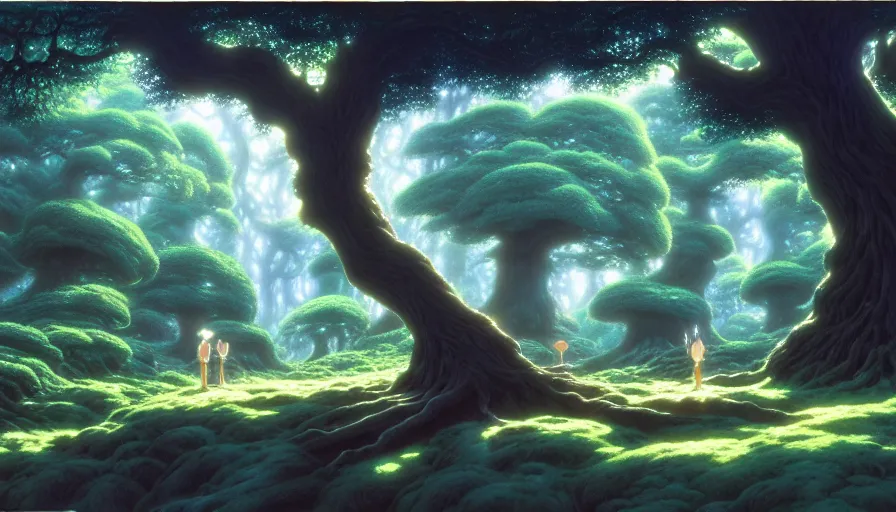 Prompt: a giant oak tree in a forest of ori and the will of the wisps, studio ghibli, painted by tim hildebrandt, michael whelan, background environment. 8 k