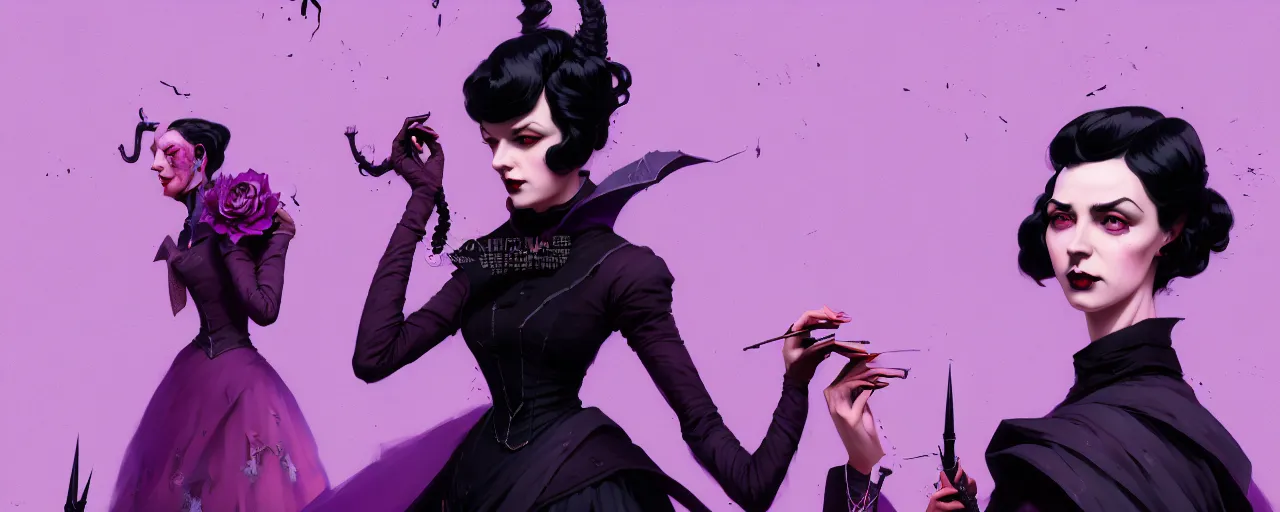 Image similar to duotone dark lilac background noir illustration 3 / 4 portrait of iris von everec black hair in black gothic victorian furneal clothes. eatheral dreamy atmosphere dynamic composition by sachin teng and sergey kolesov and ruan jia and heng z. graffiti art, scifi, fantasy, hyper detailed. octane render. concept art. trending on artstation