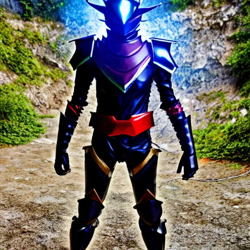 Prompt: High Fantasy Kamen Rider, single character full body, 4k, glowing eyes, rock quarry location, daytime, black rubber suit, pvc armor, dark blue with red secondary color dragon inspired segmented armor, ultra realistic, vibrant colors, Cinematography