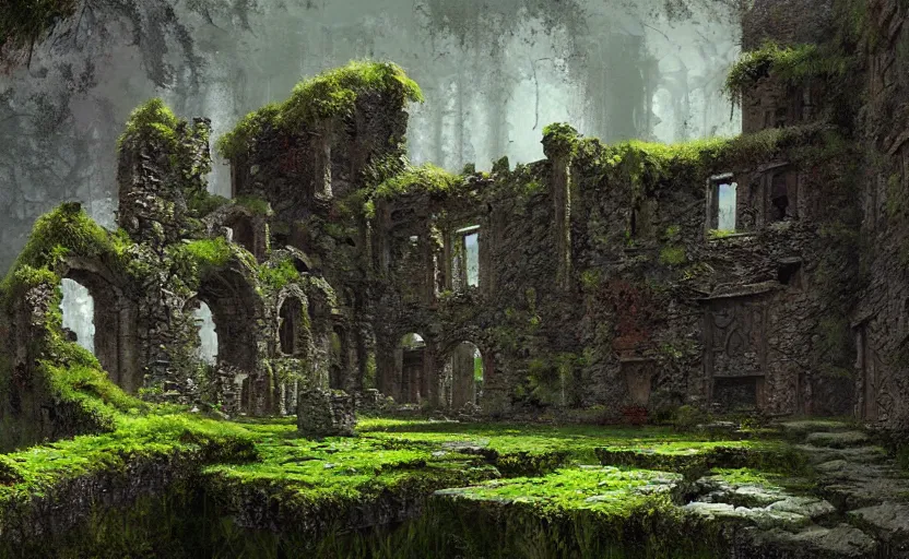 Image similar to ruins of an old castle covered by plant and moss by greg ruthkowski and craig mullins