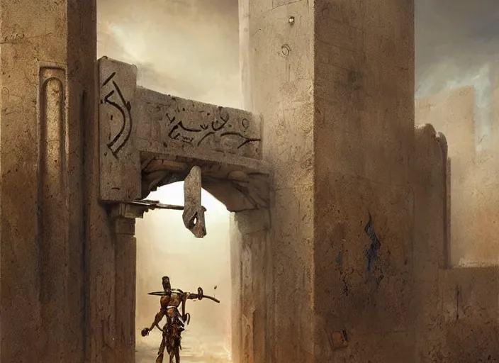 Image similar to surrealism grunge of an arab warrior infront of a dimentional gate . intricate artwork. Eerie ancient alien symbols carved into the walls, digital art,realistic,detailed,art by greg rutkowski