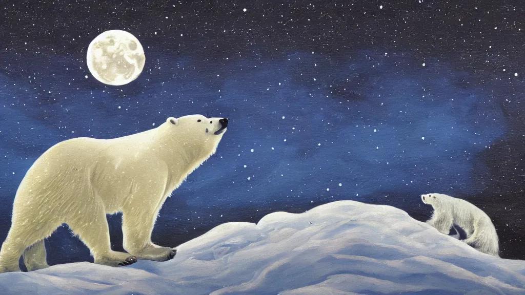 Image similar to an oil painting of a close - up polar bear traversing a snowy landscape at night, the northern lights and the moon are visible