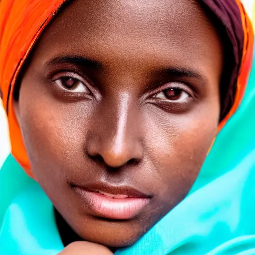 Image similar to A straight-on close-up head and shoulders photo of a 14-year-old Sudanese girl wearing a traditional dress, optimistic about the future, sunset reflecting in her eyes, wearing an almost-invisible NASA space suit helmet that is barely visible to us, 4K 85mm f/2