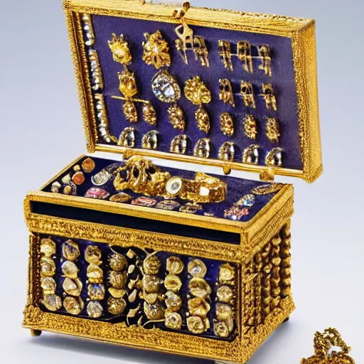 Image similar to A Ayleid chest filled with jewels and golden artefacts, 4k, hdri, museum quality photo