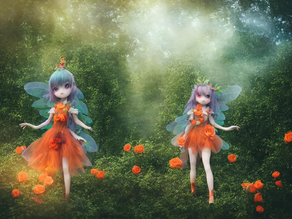 Image similar to cute fumo plush girl among vines in the middle of a lush rose garden, glowing ethereal gothic magical wraith fairy girl, tattered green dress, smoke and orange volumetric fog, blue sky sunshine lens flare, bokeh, vray