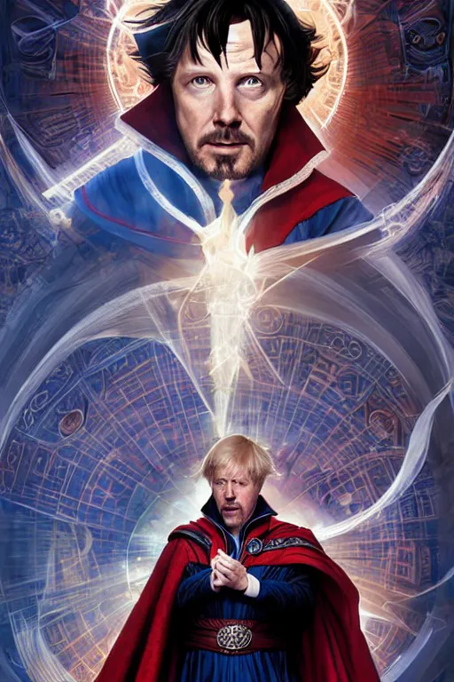 Image similar to Boris Johnson as Doctor Strange, portrait, Sanctum Sanctorum, highly detailed, digital painting, artstation, concept art, smooth, sharp focus, illustration, cinematic lighting, art by artgerm and greg rutkowski and alphonse mucha