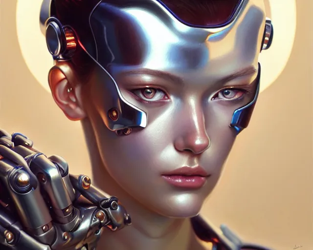 Image similar to a ultradetailed beautiful portrait painting of a stylish female cyborg, chrome plated, oil painting, by hajime sorayama, greg rutkowski and makoto shinkai, trending on artstation