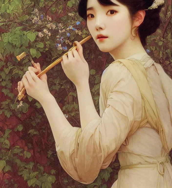 Image similar to IU, Korean Idol, Korean Artist, very detailed, digital art, concept art, studio quality, ethereal, art style by Edmund Bliar Leighton and J. C. Leyendecker and Alphonse Mucha