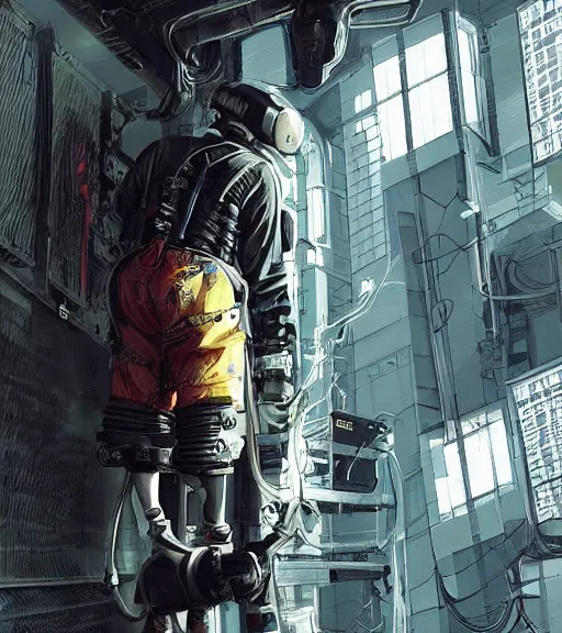 Image similar to realistic cyberpunk japanese engineer with long limbs and a black spacesuit welding a wall, techwear, dead space, visible face, Industrial Scifi, detailed illustration, character portrait, by Martin Grip and Moebius